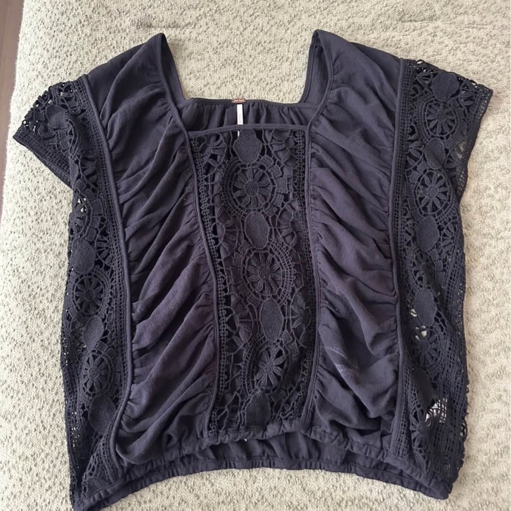 Free People Women's Black Crochet Panel Short Sleeve Top